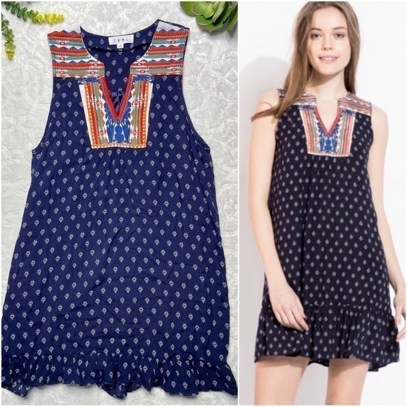 THML Dresses & Skirts - THML Embroidered Sleeveless  Dress with Ruffle Hem in Navy White Orange Small